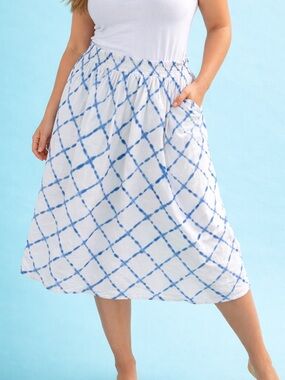 GAP Tall Blue & White Tie-Dye Midi Skirt | Pockets | Elastic Waist | Size L Tall